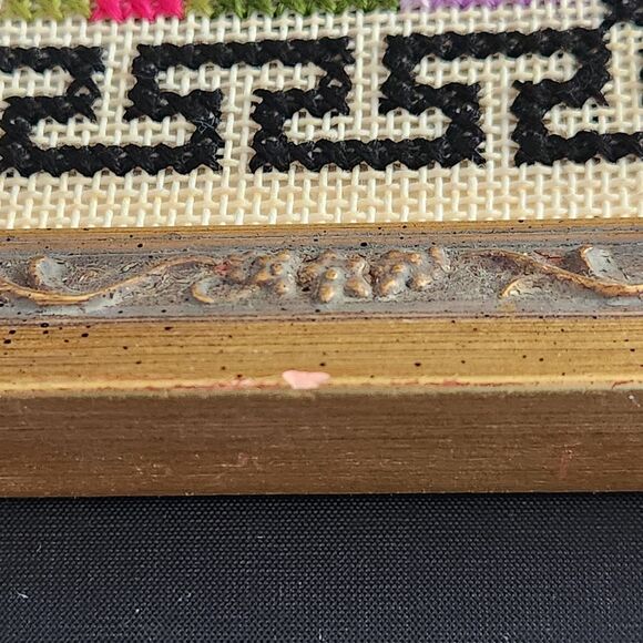 Cross Stitch Wall Art Hand Stitched Geometric w Violets & Roses Frame Greek Key - Picture 6 of 6